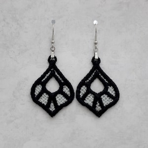 Black Embroidered Teardrop Earrings, Black_Light Silver Embroidered Earrings, Long Lightweight Black_SilverTeardrop Embroidered Earrings