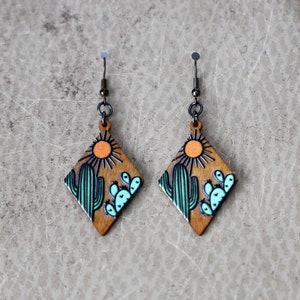 Cactus Wood Earrings, Southwest Diamond Shaped Cactus Earrings, Cacti and Sun Wood Earrings, Cactus Earrings, Southwest Brown Wood Earrings