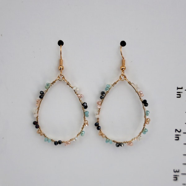 Gold Teardrop Multi-color Bead Earrings, Gold Beaded Teardrop Hoop Earrings, Beaded Open Hoop Teardrop Earrings