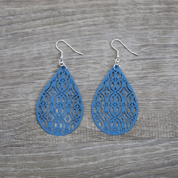 Blue Filigree Teardrop Earrings, Soft Blue Teardrop Earrings, Long Blue Light-weight Filigree Earrings, Columbia Blue Earrings
