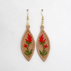 Embroidered Indian Paintbrush Design Marquise Shaped Earrings, Tan Embroidered Earrings with Indian Paintbrush Flower Design