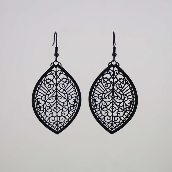 Black Metal Earrings, Black Filigree Earrings, Matte Black Teardrop Earrings, Black Light-weight Filigree Earrings