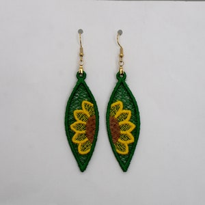 Green and Yellow Sunflower Embroidered Marquise Shaped Earrings, Green and Yellow Embroidered Earrings, Embroidered Sunflower Earrings