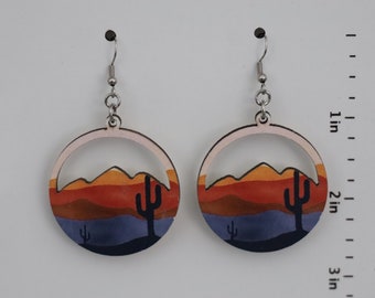 Big Round Sunset Cacti Earrings, Southwest Cacti with Desert Sunset Earrings, Wood Sunset Cacti Southwest Earrings