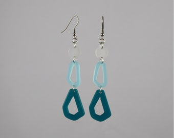 Teal Geometric Dangle Earrings, Teal Acrylic Geometric Earrings. Long Teal Dangle Earrings, White, Turquoise and Teal Earrings