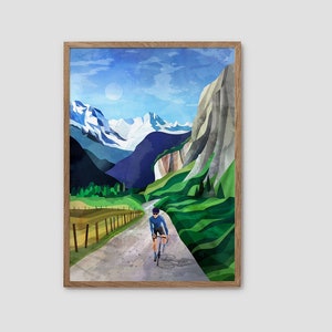 Cycling in Alpine Valley. Cycling art print.