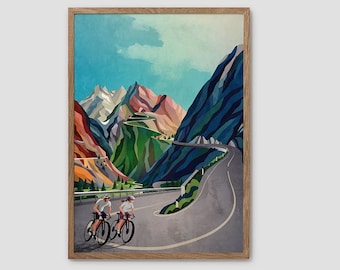 Cycling couple art print. Great gift for cyclist.