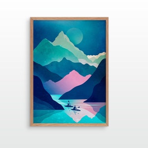 Kayaking art print. Kayak, lake and mountains. Perfect wall decoration for your home.