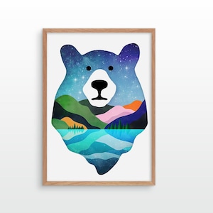 Stampa artistica di un orso. Poster illustrativo. Stampa artistica di un paesaggio.