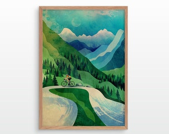 Cycling art print. Cyclist ascending in mountains. Surrounded with green forest and beautiful mountains.