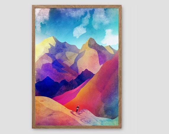 Landscape mountain print. Mountain biking art. Decoration for home or office.