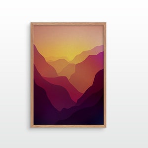 Landscape art print. Sunset valley with mountains. Serene wall decor for your home or workplace. Rich colors and fine texture.