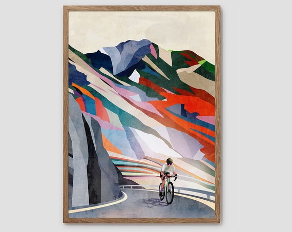 Cycling print. Mountain climb. Female cyclist. Great gift for cyclists.