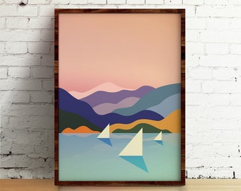 Sailing. Art print. Mountains and ocean Illustration. Minimalist home decor.