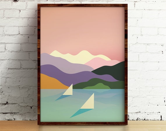 Sailing. Art print. Mountains and ocean Illustration.