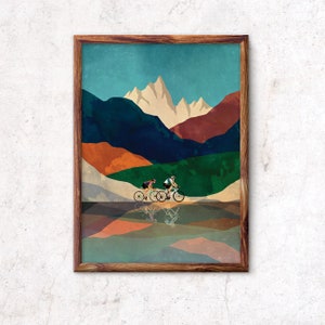 Stampa artistica di ciclismo. Coppia in bicicletta. Un regalo perfetto per una coppia di ciclisti e una decorazione murale perfetta.