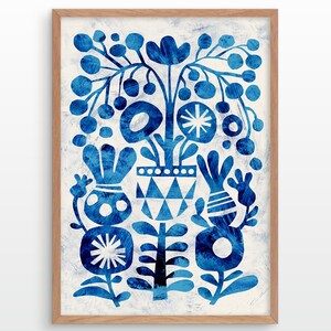Stampa artistica con ornamento blu. Stampa illustrativa. Decorazione per la casa con motivo floreale.