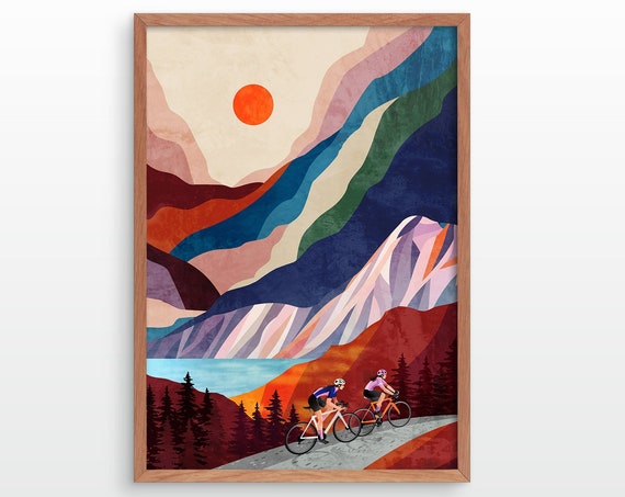 Cycling friends art print. Great gift for female cyclists.