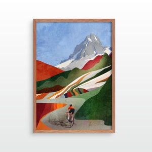 Cycling art print. Cycling below high peaks.