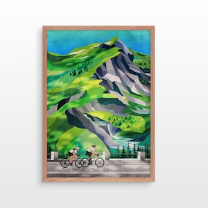 Stampa artistica di coppia di ciclisti. Giro in cascata. Ottimo regalo per un ciclista.