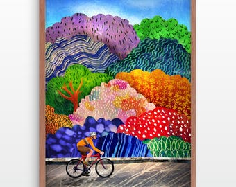 Cycling Art Print: Happy cyclist and a colorful forest, cyclist's gift