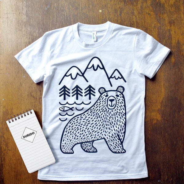 Woman's t-shirt. White organic t shirt with bear illustration, Mountains, camping t shirt, animal t shirt, outdoor. Perfect gift.