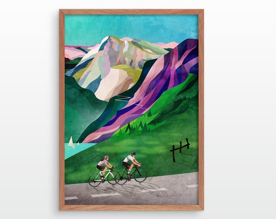 Cycling couple art print. Alpine ascent.