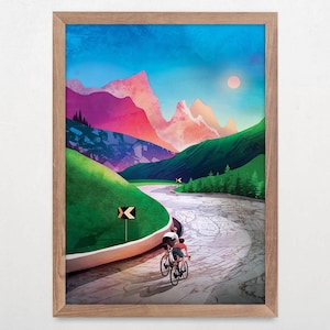 Stampa artistica di ciclismo. Amici che pedalano su un passo di montagna.