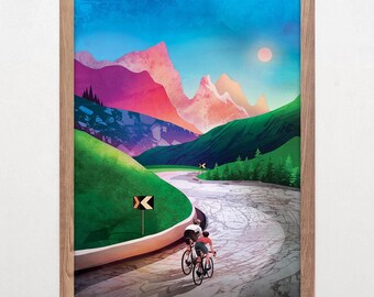 Cycling fine art print. Friends cyling over a mountain pass.
