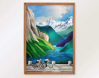 Cycling art print. Cycling by the lake.