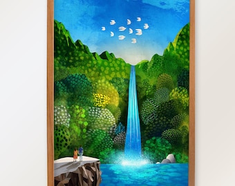 Landscape art print. Waterfall and green surroundings view.