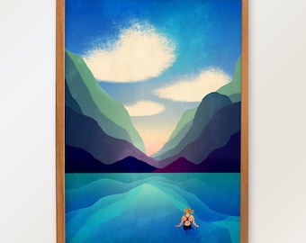 Wild Swimming in a Lake Art Print. Decor for outdoor lovers.