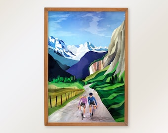 Cycling Couple Art Print: Alps Mountain Landscape, Gift for Cyclists