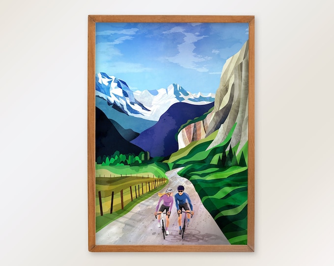 Cycling Couple in Alpine Valley. Cycling art print.