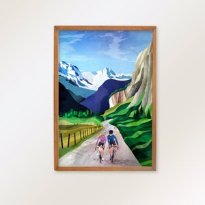 Stampa artistica di ciclismo. Coppia di ciclisti sulle Alpi. Un regalo perfetto per una coppia di ciclisti o per gli amici. Un ricordo perfetto delle vacanze in bicicletta.