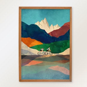 Couple Cycling Art Print: Mountain Landscape Illustration