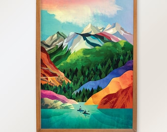 Kayaking couple art print. Colorful mountain landscape above the lake.