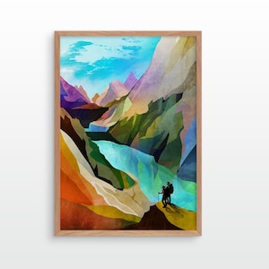 Stampa artistica di escursionismo. Coppia sul canyon. Stampa ideale per decorare la casa o l'ufficio. Un regalo per tutti gli amanti dell'aria aperta.