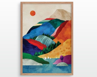 Mountain art print. Lake and mountains art print.