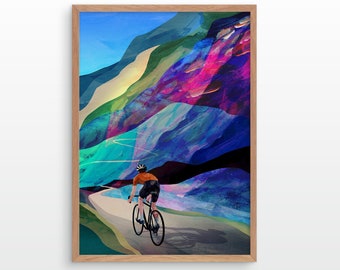 Cycling art print. Cycling high in the mountains.