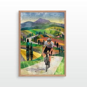 Tadej Pogačar sulla Strade Bianche. Il campione. Stampa artistica di ciclismo. Un campione ciclistico sloveno in una delle gare più famose.