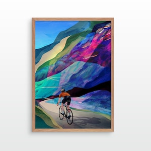 Cycling art print. Cycling high in the mountains.