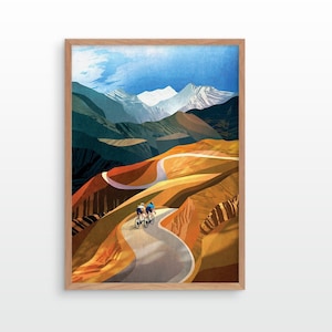 A couple cycling in the mountains. Cycling on white gravel roads. Perfect wall decor for cycling friends.