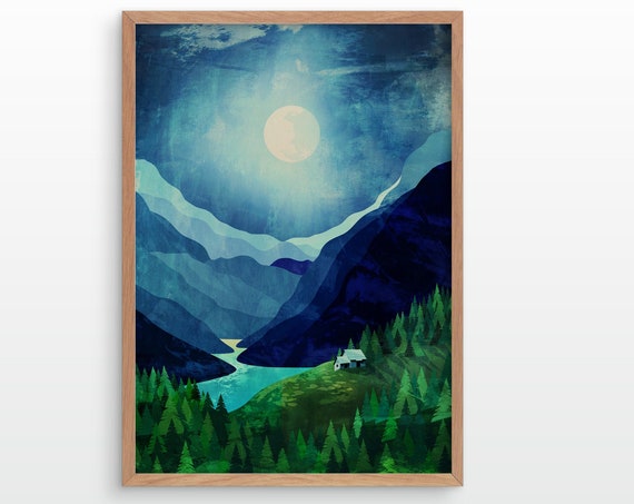 Landscape art print. Moonlight shadow. Mountain print. Ideal print for decorating your living room or office.