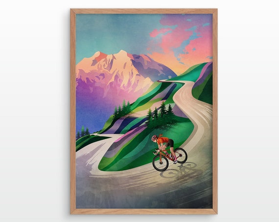Female cyclist. Cycling art print. Descent at sunset.