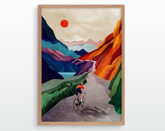 Cycling art print. Cycling high in the mountains.