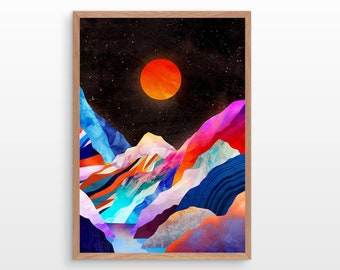 Moon over mountains. Mountain print. Ideal print for decorating your home or office.