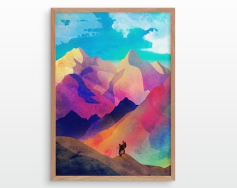 Hiking couple art print. Ideal print for decorating your home or office.