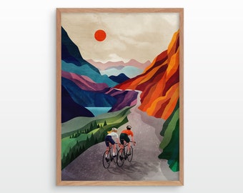 Cycling Couple art print. Cycling high in the mountains.