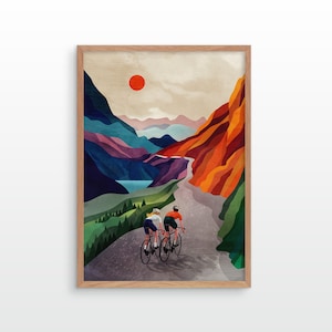 Cycling Couple art print. Cycling high in the mountains.